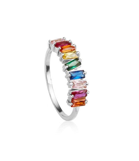  fashion women 925 sterling silver rainbow cluster baguette ring