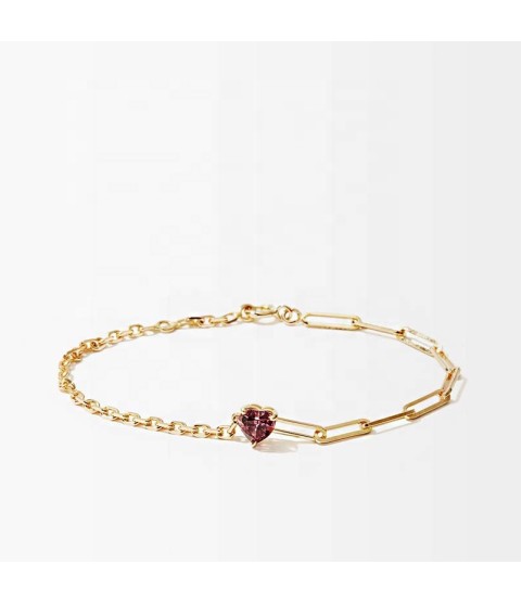  classic style cable chain link heart-cut rhodolite charm red stone bracelet for girls