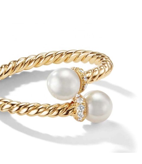  925 silver hand-worked metals orbital bands of zircons twist rope band and two lustrous pearl elegant ring